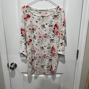 Michelle Mae Floral Print 3/4 Sleeve Tunic Top Womens M White Pink Red Green